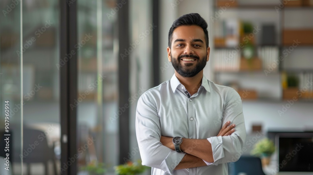 A man with a black watch is smiling and standing in front of a bookshelf A man with a black watch is smiling and standing in front of a bookshelf