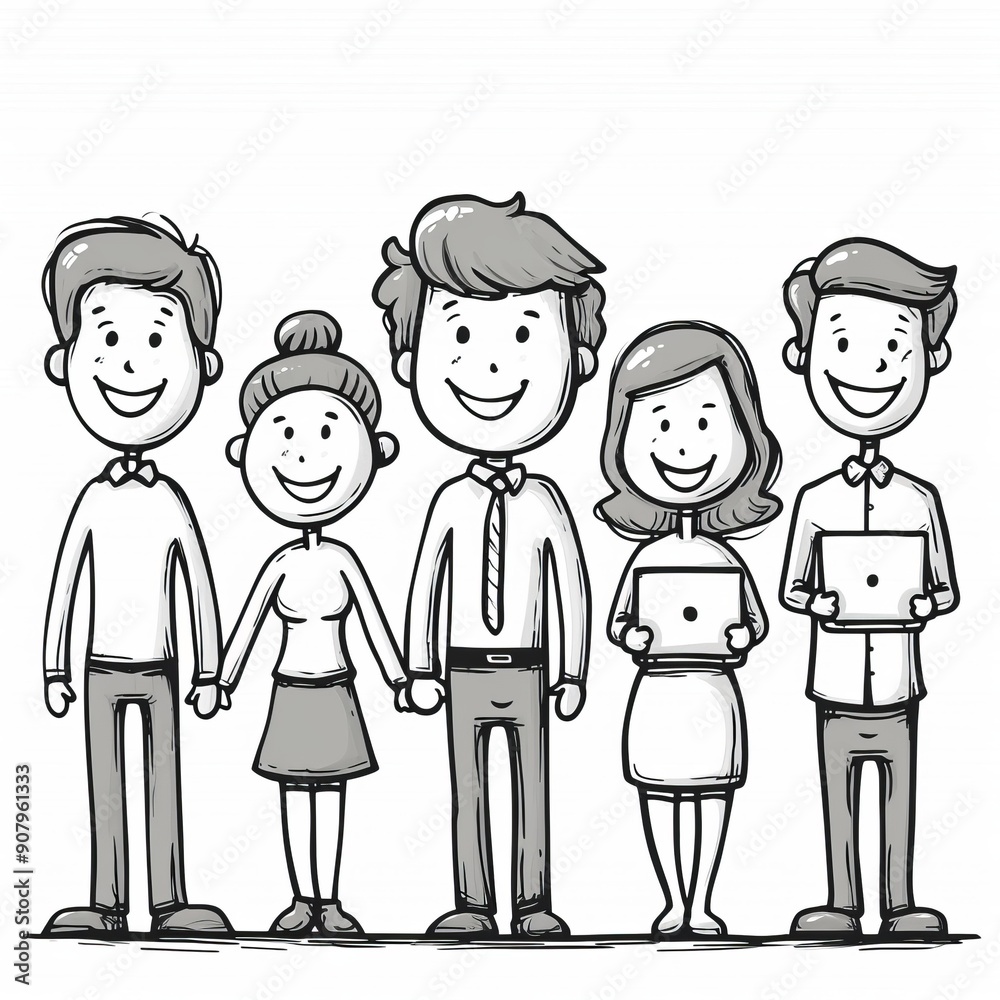 Five cheerful stick figures gather together, showcasing friendship and collaboration around a laptop. Generative AI