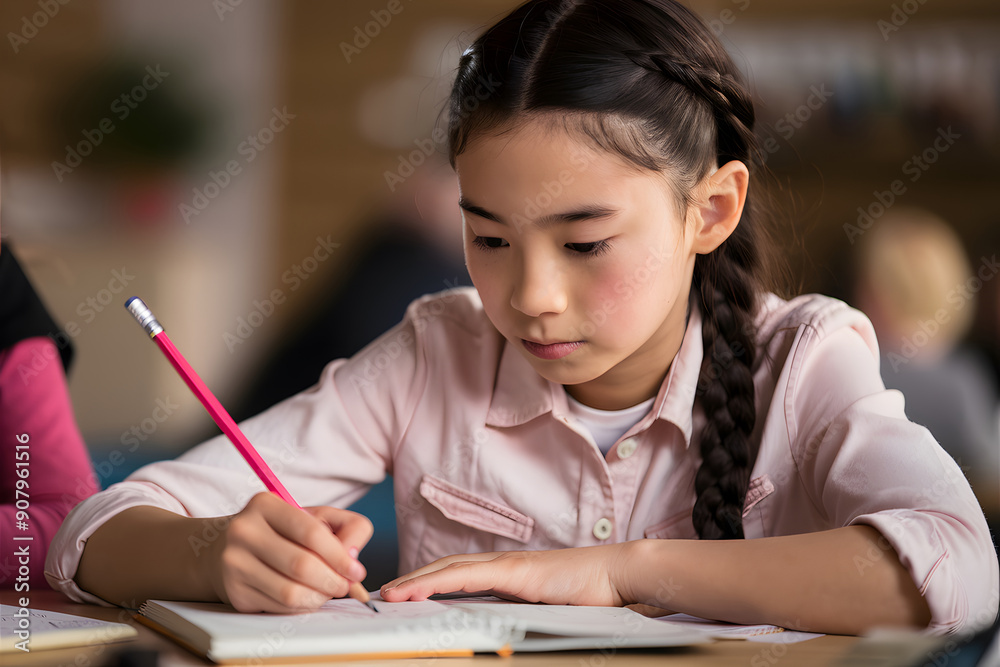 Focused Young Girl with Braided Hair Writing in a Notebook Focused Young Girl with Braided Hair Writing in a Notebook