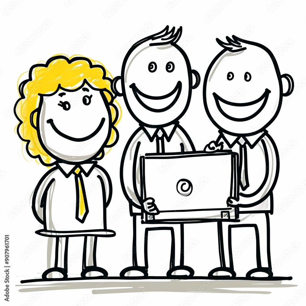 Three stick figure business people smiling together with briefcase on white background. Generative AI Three stick figure business people smiling together with briefcase on white background. Generative AI