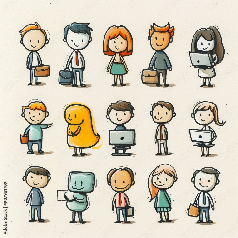 Funny stick figure business people engaged in various activities on a white background. Generative AI Funny stick figure business people engaged in various activities on a white background. Generative AI