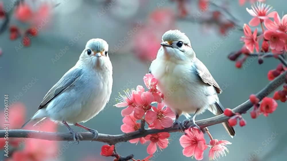 two spring bird on cherry flower blossom branch, nature background