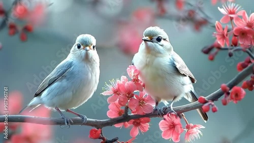 two spring bird on cherry flower blossom branch, nature background