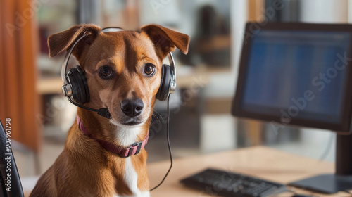 Fototapeta Naklejka Na Ścianę i Meble -  Dog Wearing Headset at Office Desk - Customer Service Agent - A brown dog wearing a headset sits at a desk with a computer, symbolizing technology, customer service, animal companionship, and humor.