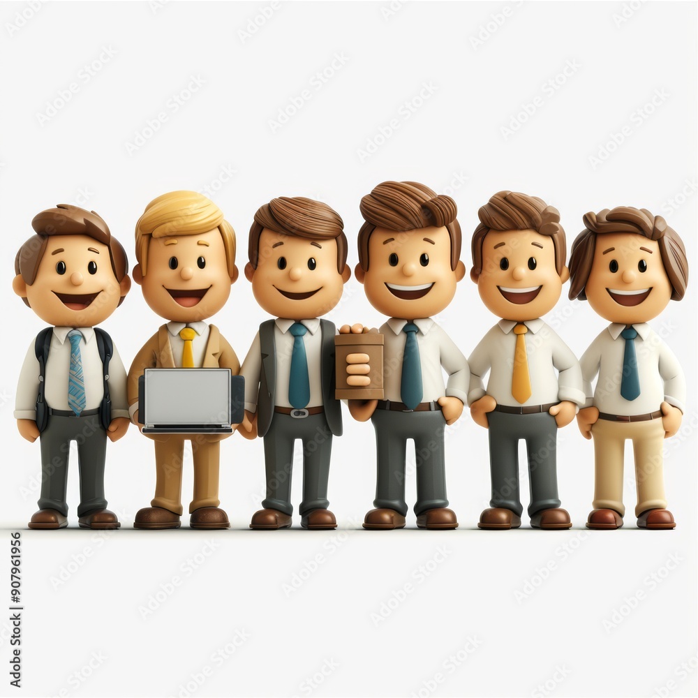 Animated stick figure team of 6 professionals with smiling faces on plain background. Generative AI Animated stick figure team of 6 professionals with smiling faces on plain background. Generative AI