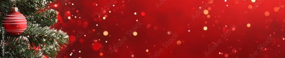 Naklejka premium Red long banner with Christmas tree and bauble, lights shining bright for Christmas, New Year