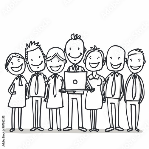 Funny stick figure characters standing together with a laptop against a white background. Generative AI