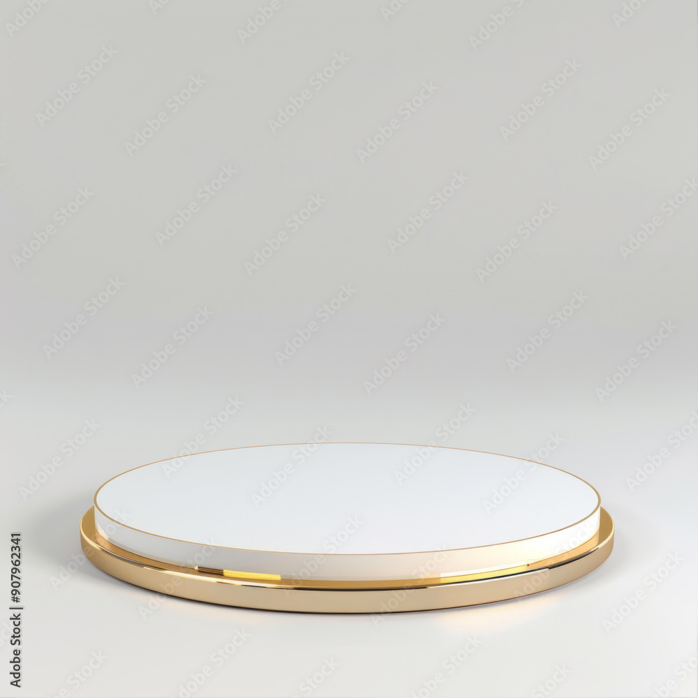 A white background with a three-dimensional round podium with a gold edge, displaying a simple design and soft lighting. A white background with a three-dimensional round podium with a gold edge, displaying a simple design and soft lighting.