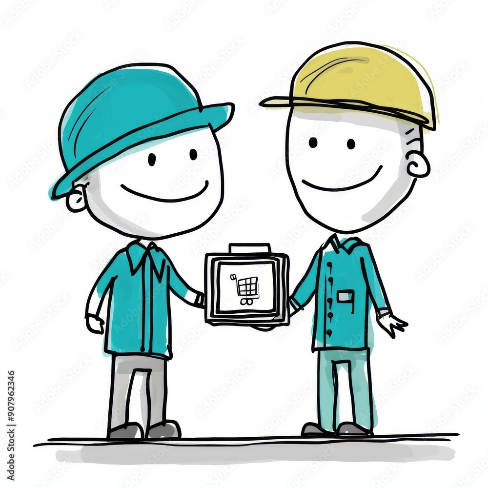 Two animated stick figure people engaging in fun business conversation on white background. Generative AI Two animated stick figure people engaging in fun business conversation on white background. Generative AI