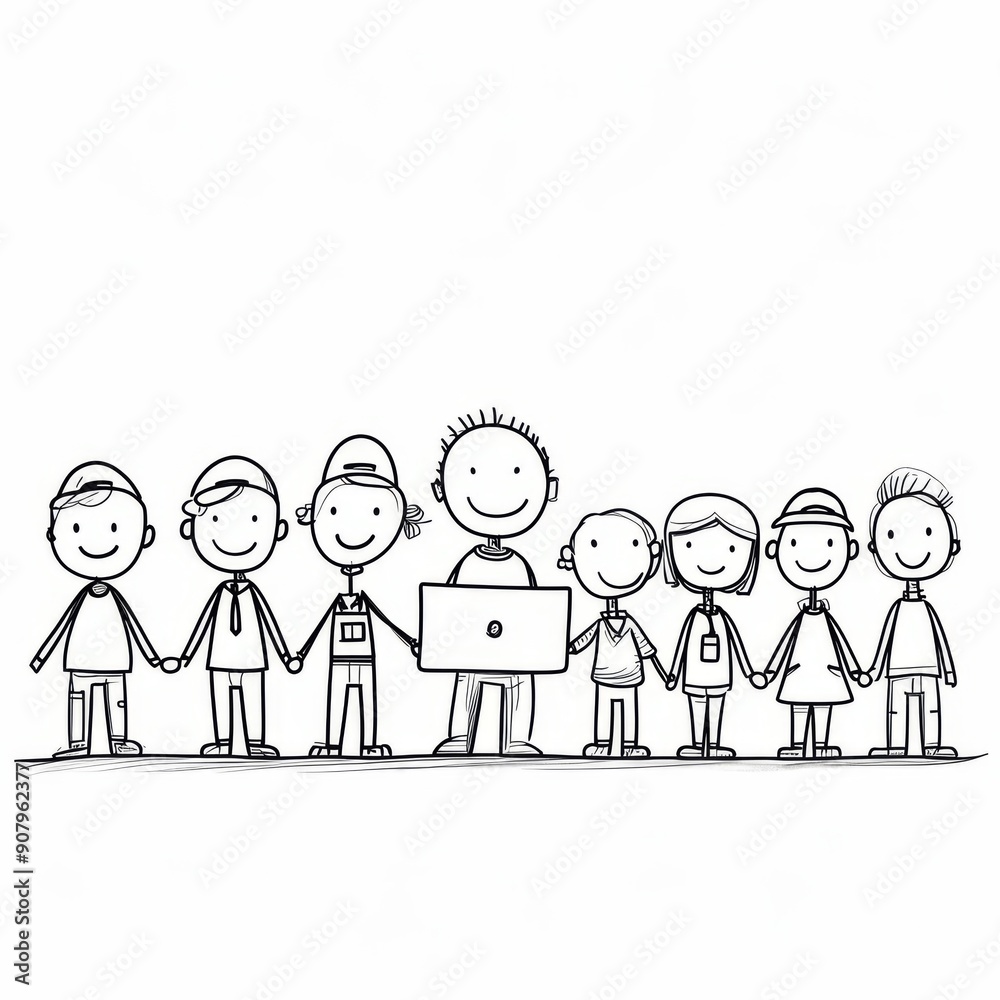 Group of animated stick figures engaged in collaborative discussion around laptop. Generative AI Group of animated stick figures engaged in collaborative discussion around laptop. Generative AI