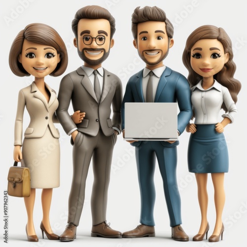 Four animated stick figure characters in business attire on white background at a professional work event. Generative AI