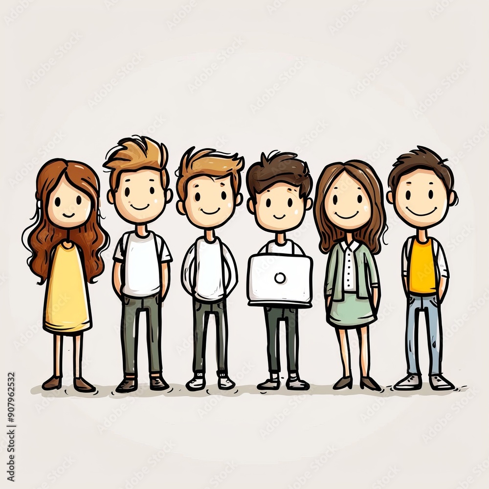 Joyful stick figure characters holding hands in colorful attire on white background. Generative AI Joyful stick figure characters holding hands in colorful attire on white background. Generative AI