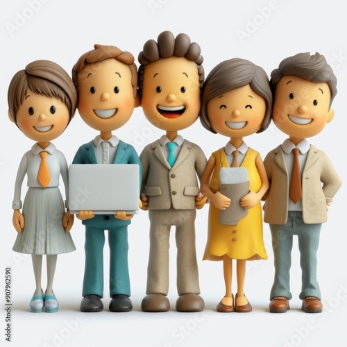 Creative animated stick figure characters in business attire stand together in a professional setting. Generative AI