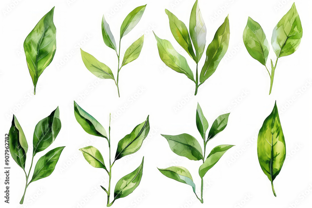 Watercolor tea leaves clip art set, illustration on white background, watercolour, pastel colour, 2d style, flat design, simple design, simple details, minimalist detail.