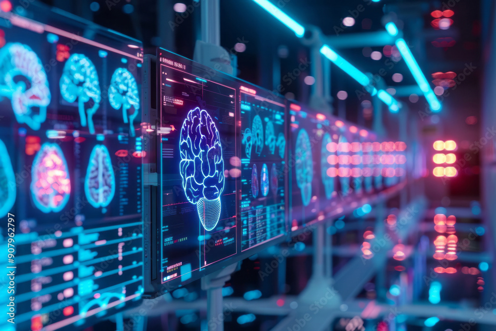 A digital display of brain waves and data futuristic technology featuring holographic images on digital screens in an advanced medical lab with high-tech equipment illuminated by lights. A digital display of brain waves and data futuristic technology featuring holographic images on digital screens in an advanced medical lab with high-tech equipment illuminated by lights.