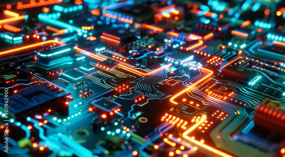 Vivid colored glowing circuit board with intricate details for a high-tech background. Vivid colored glowing circuit board with intricate details for a high-tech background.