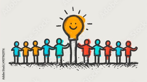 Collaborative creativity representation with colorful characters and a smiling light bulb icon. Generative AI