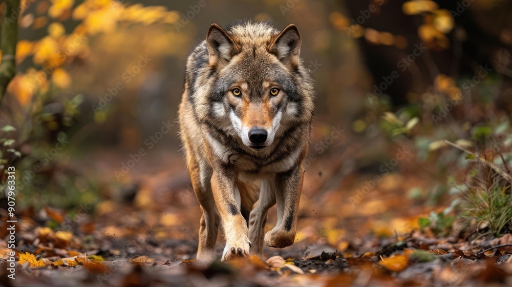 Fototapeta premium a wolf running through a forest in the fall
