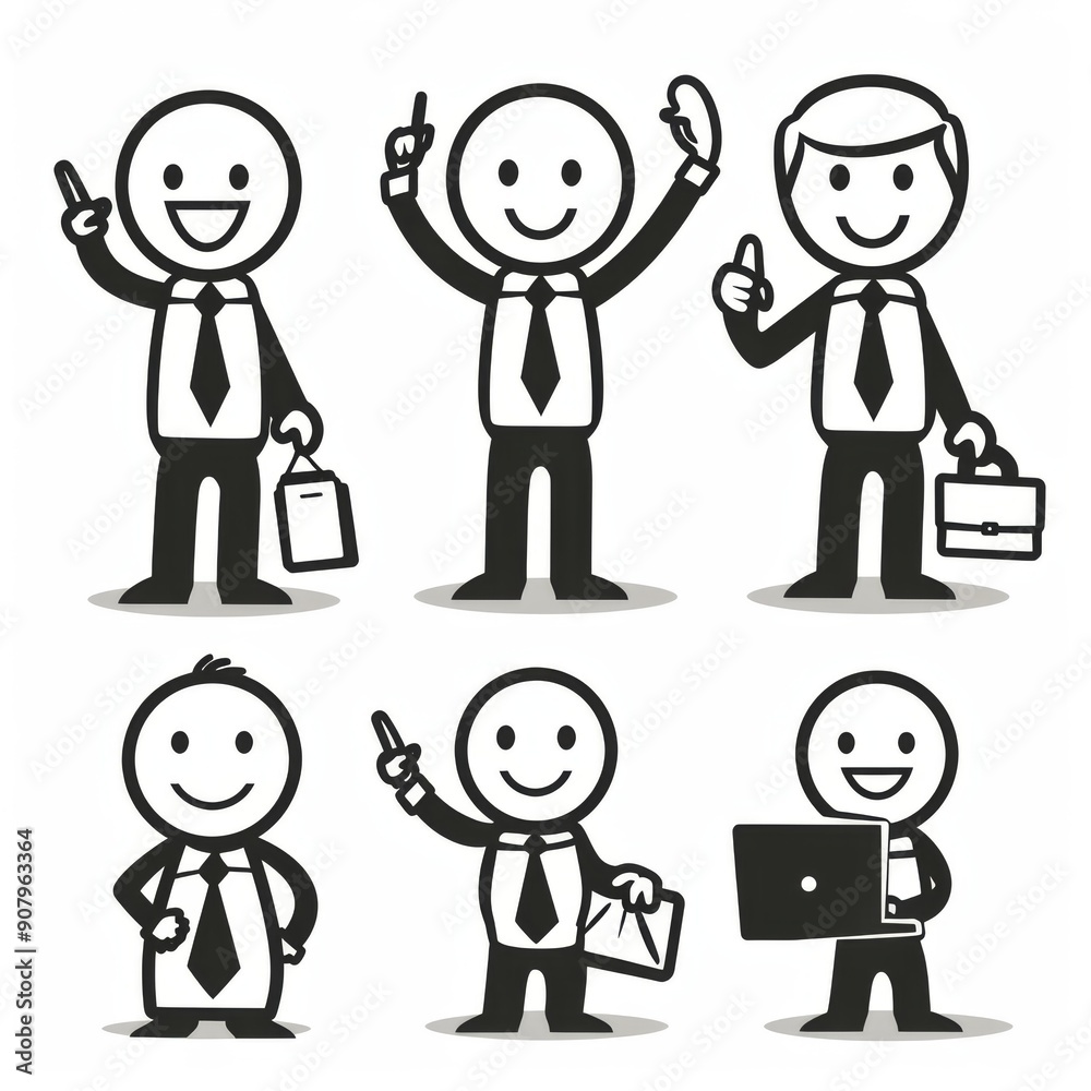 Simple stick figure man poses in various professional attire on white background. Generative AI Simple stick figure man poses in various professional attire on white background. Generative AI