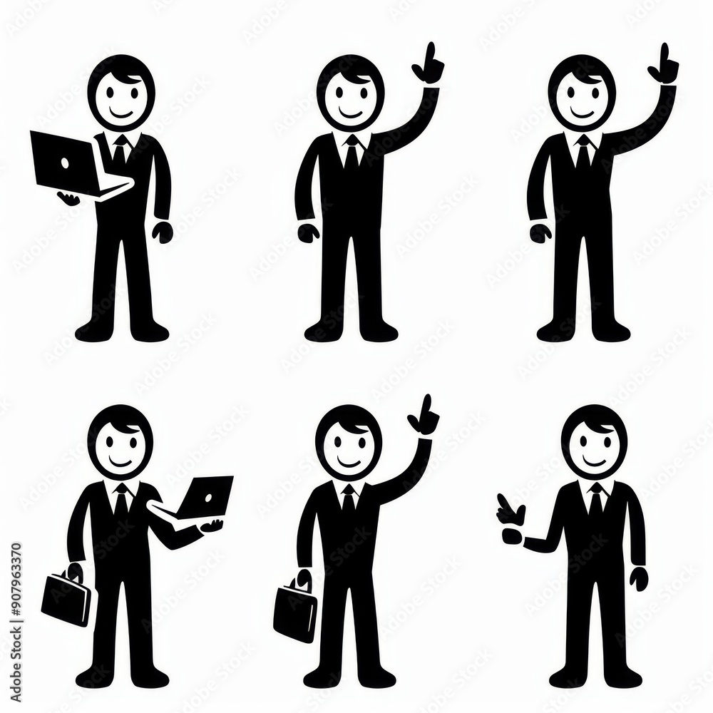 Simple stick figure man poses in various business attire against a white background in a creative illustration. Generative AI Simple stick figure man poses in various business attire against a white background in a creative illustration. Generative AI