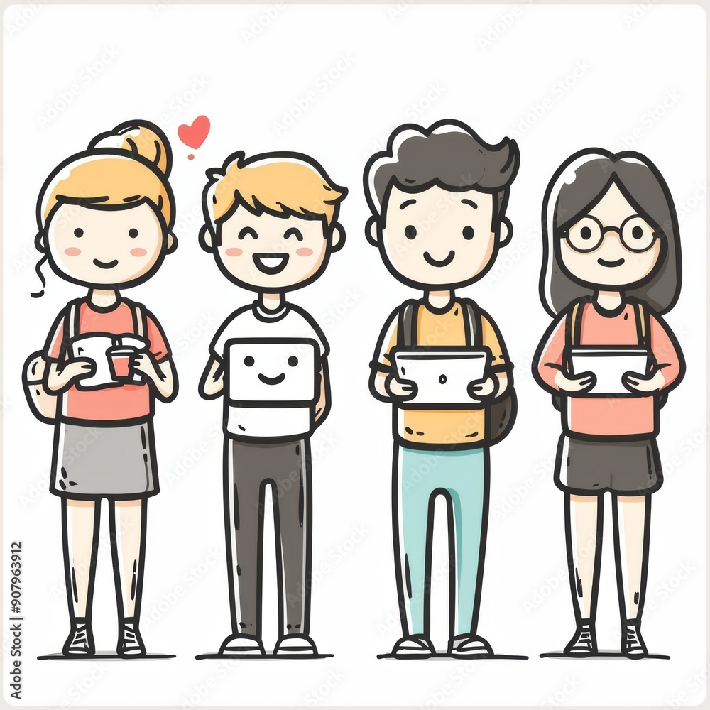 Playful line drawings of young adults engaged in various activities against a bright background. Generative AI Playful line drawings of young adults engaged in various activities against a bright background. Generative AI