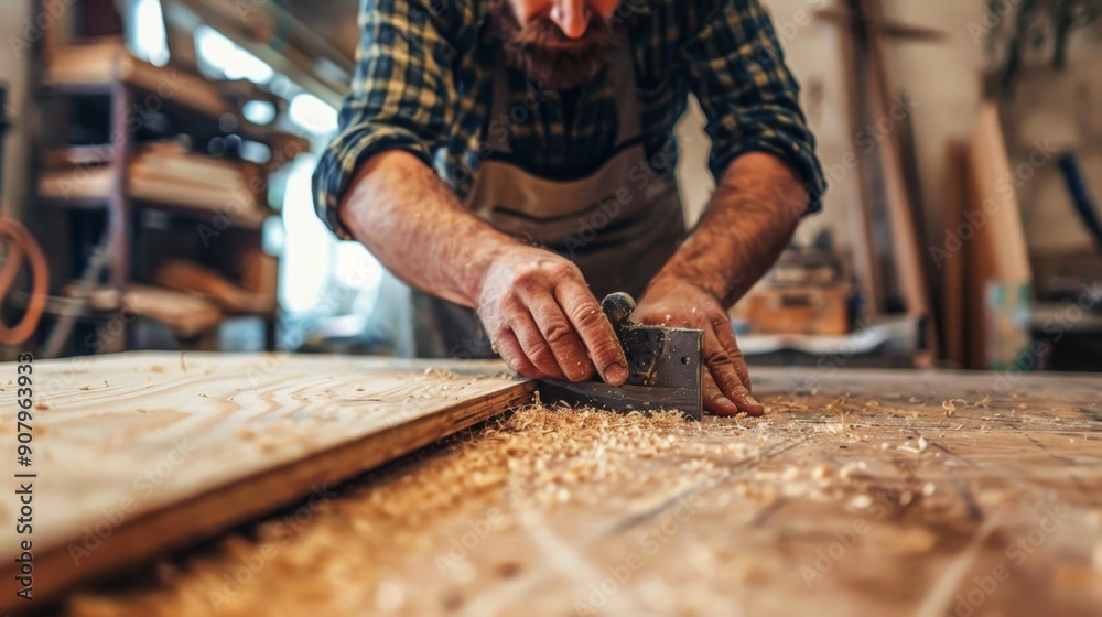 Carpenter Working on Wooden Plank. Carpenter Working on Wooden Plank.
