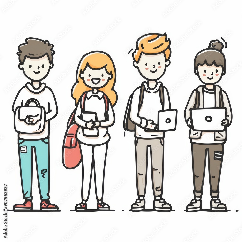 Playful line drawings of young adults engaged in various activities against a bright background. Generative AI Playful line drawings of young adults engaged in various activities against a bright background. Generative AI