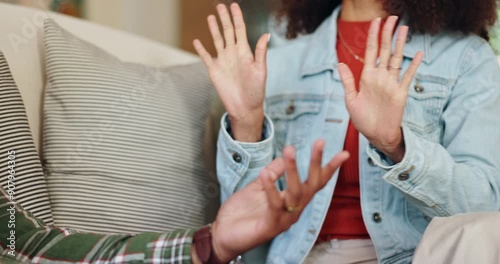 Couple, hands and conflict on couch in home for disagreement issue, communication problem and relationship discussion. Man, woman and together with argument in house, emotional stress and dispute.