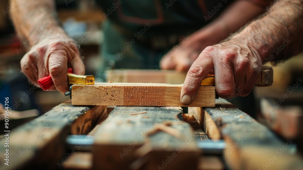 Close up of carpenter's hand working on wood. Close up of carpenter's hand working on wood.