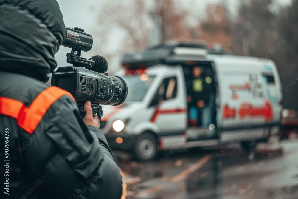Dynamic journalism concept with reporters, cameras, and a bustling newsroom environment. Dynamic journalism concept with reporters, cameras, and a bustling newsroom environment.