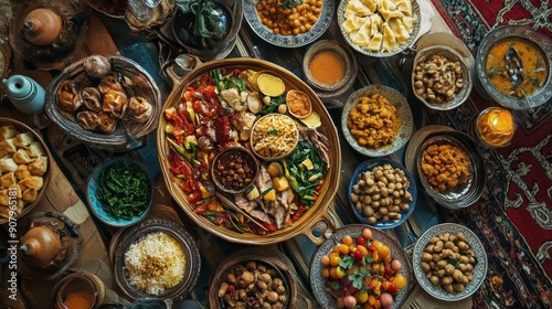 A table laden with a variety of traditional Middle Eastern dishes, showcasing the rich culinary heritage of the region. The spread includes lentil soup, hummus, falafel, grilled meats, and colorful sa