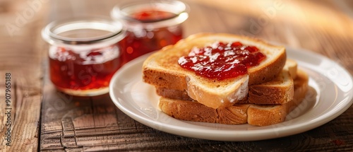 Delicious breakfast toast with strawberry jam and butter.