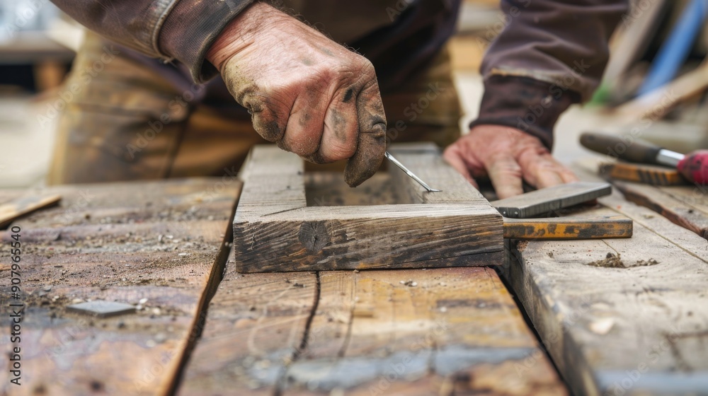 Close-up of carpenter's hands working on a wooden frame.