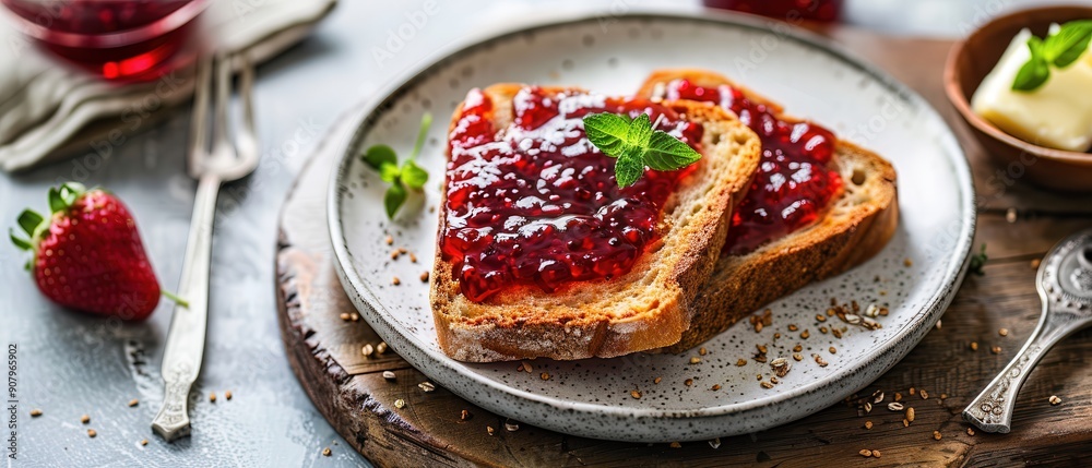 Delicious breakfast toast with strawberry jam and butter. Delicious breakfast toast with strawberry jam and butter.