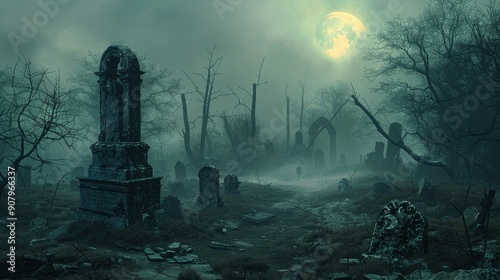 A spooky, fog-filled graveyard with crooked tombstones and leafless trees, illuminated by the pale light of a full moon, creating a ghostly and eerie scene.