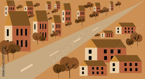 Autumn background. Vector cute illustration of street, houses, trees, Drawing landscape  village for a banner, poster or card