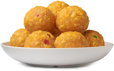 plate of laddu, laddoo or ladoo isolated white background, popular traditional Indian sweet treats made during festivals, religious ceremonies and celebrations