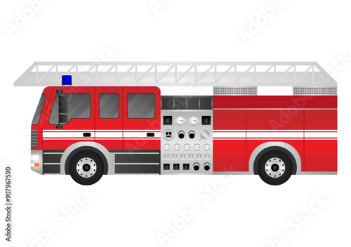 Fire Engine or Fire Truck. Fire Emergency Rescue Truck. Vector Illustration Isolated on White Background.