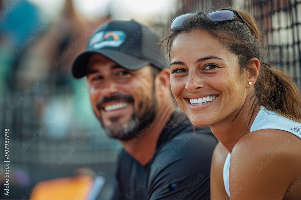 Happy paddle tennis players relaxing on court after match, Generative AI Happy paddle tennis players relaxing on court after match, Generative AI