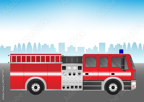 Fire Engine or Fire Truck Driving on the Road in the City. Vector Illustration.