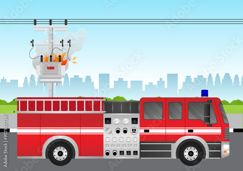 Fire Engine or Fire Truck Parked at Burning Electric Pole. Vector Illustration.