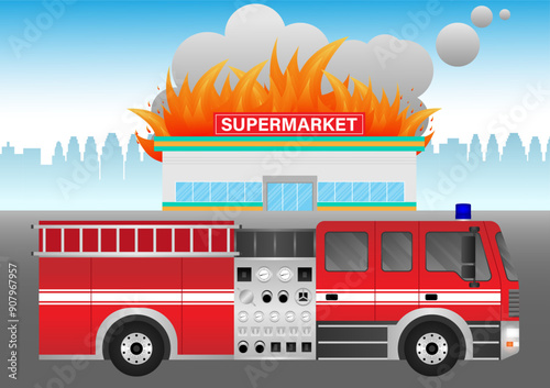 Fire Engine or Fire Truck Parked at Burning House or Burning Building. Vector Illustration.