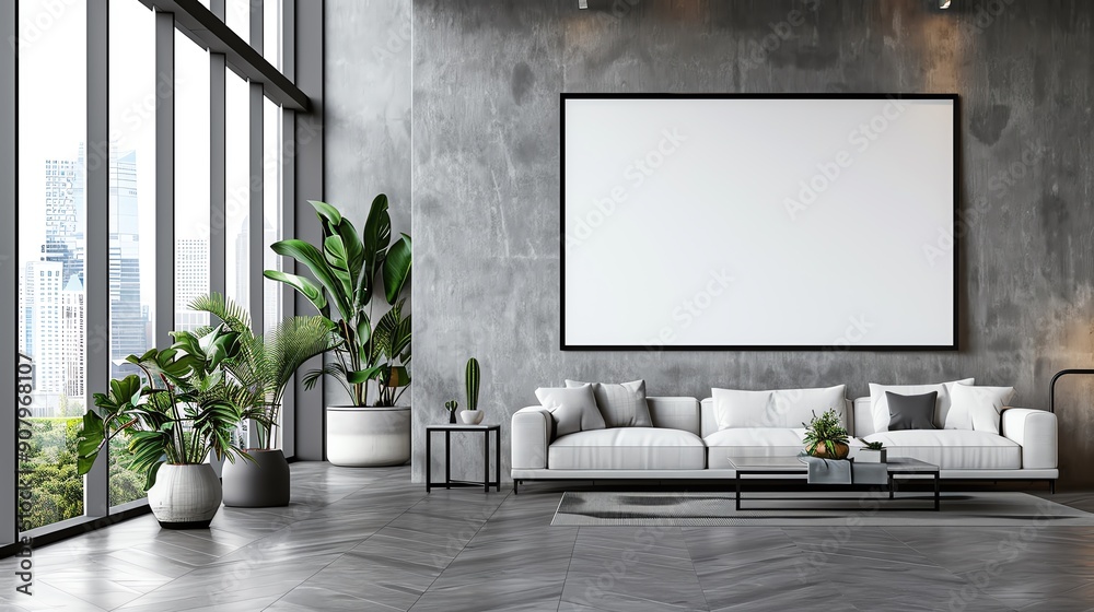 Modern living room interior with large window, minimalist gray walls, white sofa, potted plants, and empty picture frame. Modern living room interior with large window, minimalist gray walls, white sofa, potted plants, and empty picture frame.