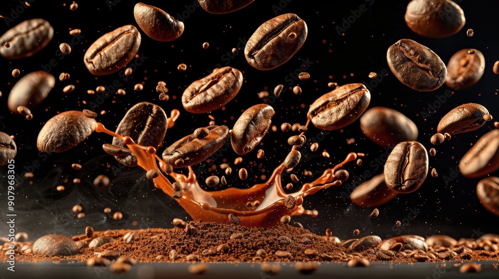 Dynamic Coffee Bean Splash on Black Background