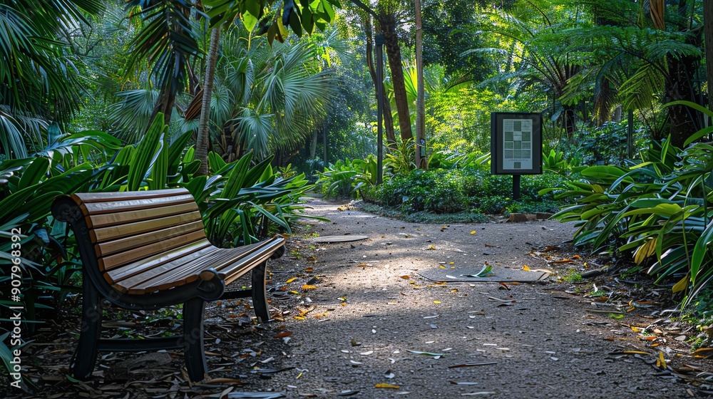Serene park pathway lined with lush greenery and a wooden bench, offering a peaceful spot for relaxation amidst nature. Serene park pathway lined with lush greenery and a wooden bench, offering a peaceful spot for relaxation amidst nature.