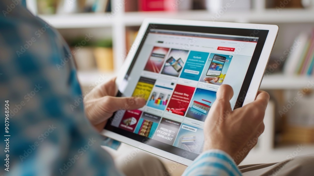 Man Browsing Online Shopping Website on Tablet. Man Browsing Online Shopping Website on Tablet.