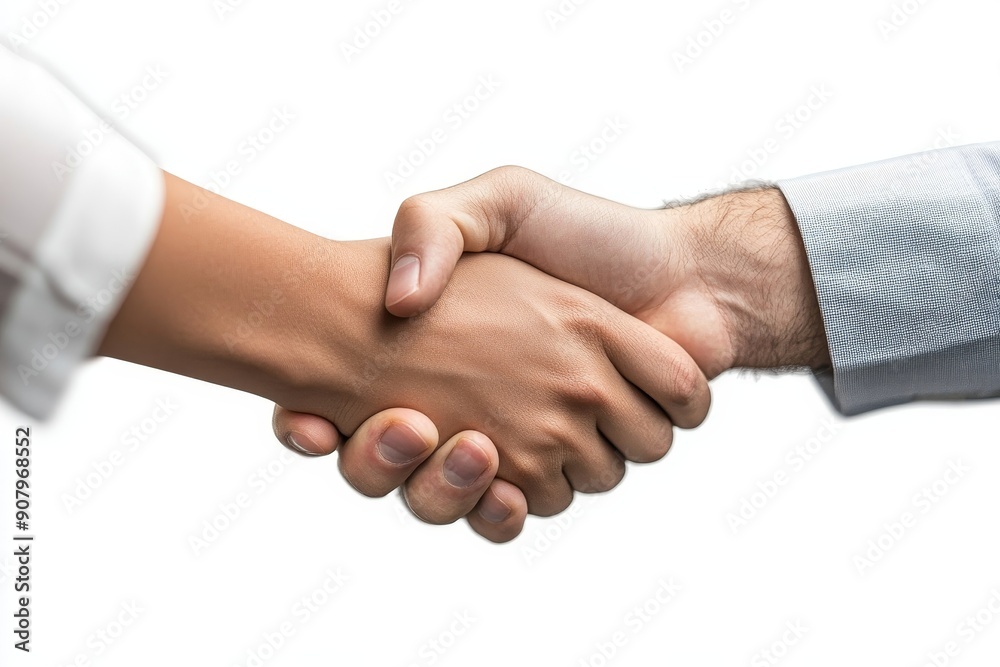 Two happy business people shaking hands on a white background, Generative AI Two happy business people shaking hands on a white background, Generative AI