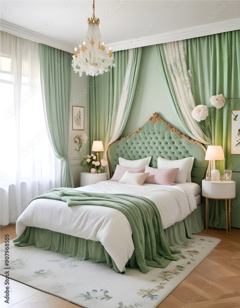 A serene and elegant green and white bedroom A serene and elegant green and white bedroom