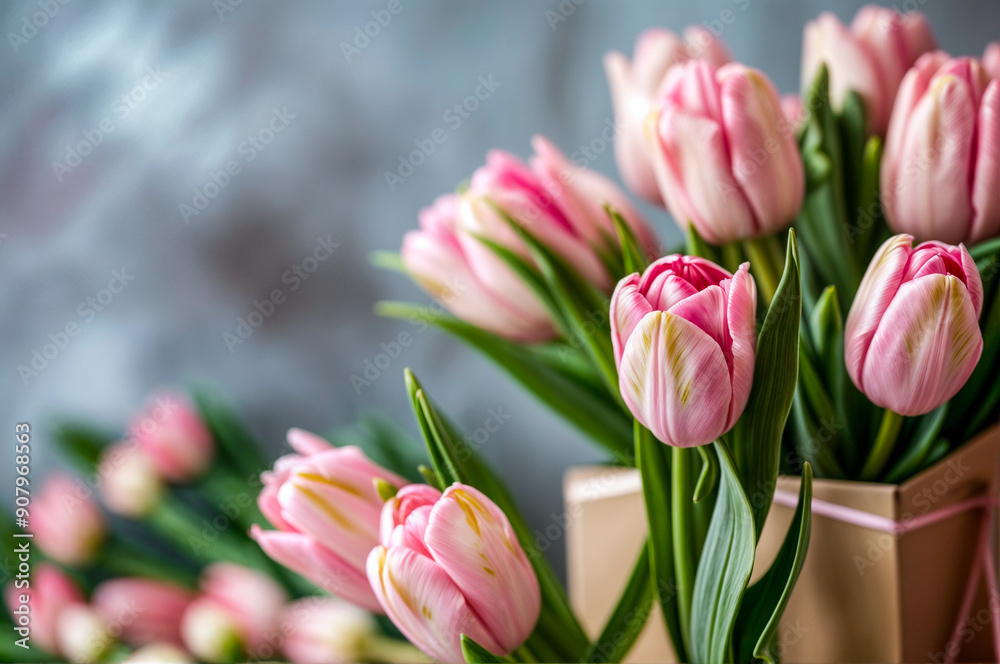 Naklejka premium Bouquet de tulipes roses en gros plan