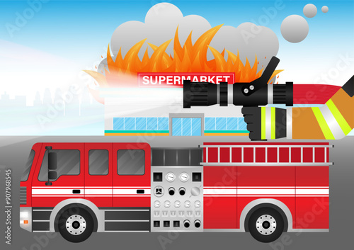 Fire Truck with Firefighter Spraying Water to Extinguish Fire on Burning Building or Burning House. Vector Illustration. 